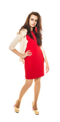 Beautiful brunette model in red dress.