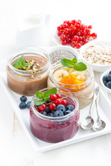 assorted breakfast of chia seeds and fruits in jars 