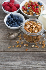 glass jar with granola, milk, and fresh berries