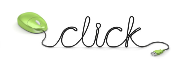 green mouse with cable text click isolated on white