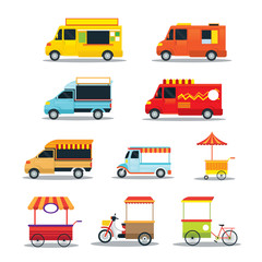 Food Vehicles, Truck, Van, Pushcart, Color Set, Street Food and Fast Food