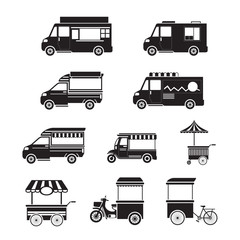 Food Vehicles, Truck, Van, Pushcart, Mono Set, Street Food and Fast Food