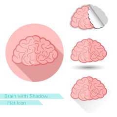 flat icon brain with oval long shadow and folded corner