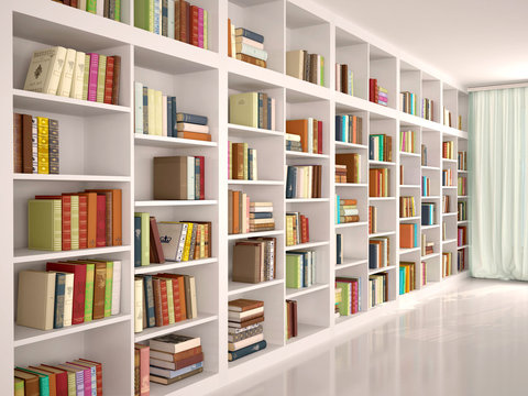 3d illustration of White bookshelves with various colorful books