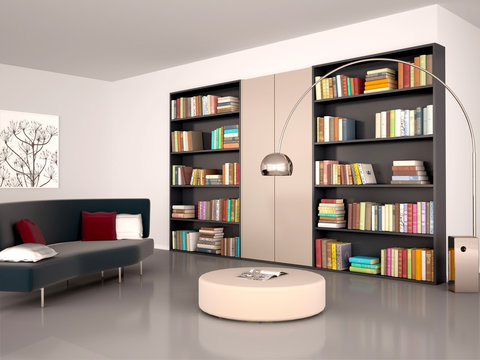 3d illustration of Modern reading room. The wall of the bookcase