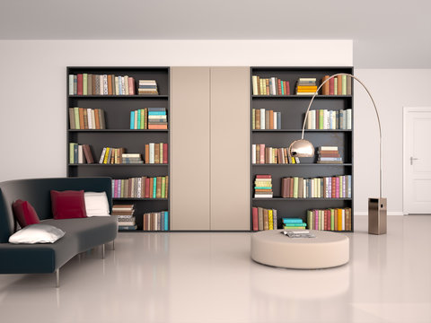 3d illustration of Interior of modern room for reading. The wall