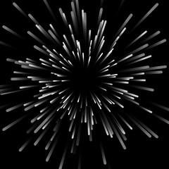 Shine vector rays on black background. Explosive illustration with dynamic shapes. Monochrome wallpaper with sparkle. Holiday firework with text template. Dynamite burst decoration. White blast.