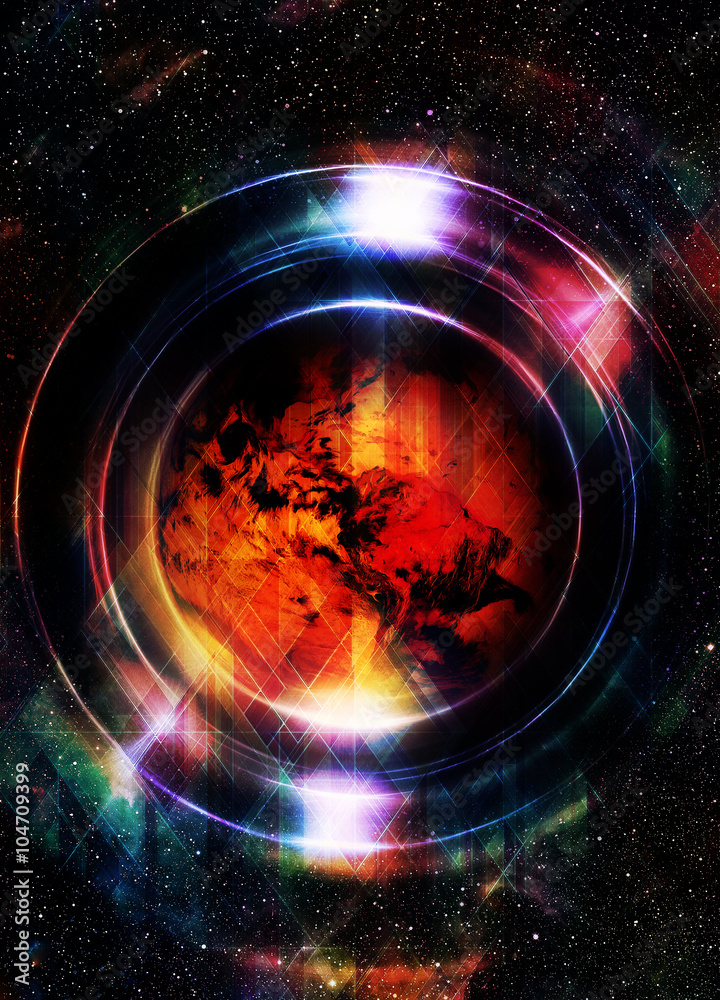 Poster Planet earth in light circle with light triangle structure. Cosmic Space background. Computer collage. Earth concept. Elements of this image furnished by NASA.