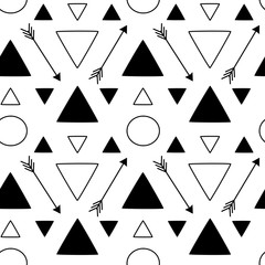 black white abstract geometric seamless vector pattern background with arrows triangles and circles