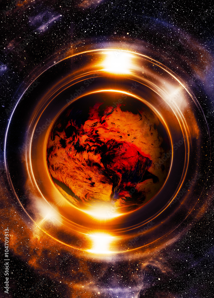 Poster planet earth in light circle, cosmic space background. computer collage. earth concept. elements of 