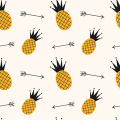 yellow black pineapple seamless vector pattern background illustration with arrows