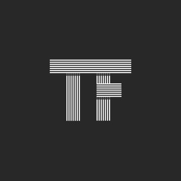 Wedding invitation initials TF letters logo monogram, overlapping parallel thin line business card T F emblem