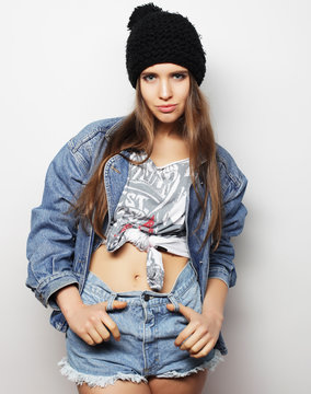 Fashion portrait of young pretty hipster woman 