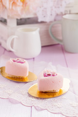 Heart shaped pastel pink chocolate mousse cakes