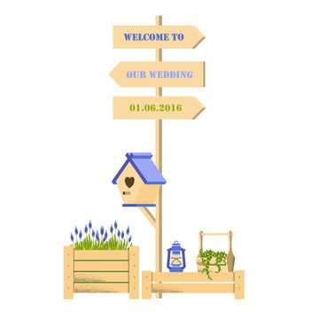 Vector illustration with wedding signpost, starling, balloon