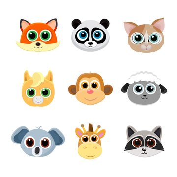 Collection of cute animal faces including fox, panda, cat, pony, monkey, giraffe, koala, sheep and raccoon. Color vector illustration.