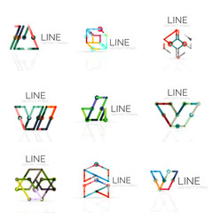 Set of linear abstract logos, connected multicolored segments lines in geometrical figures