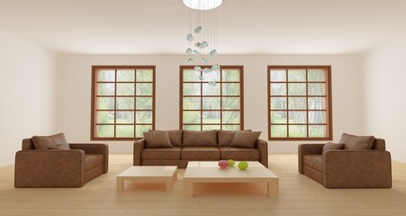 Leather sofa and two leather armchairs in light sitting room with hardwood floor, large windows, modern chandelier and two coffee tables