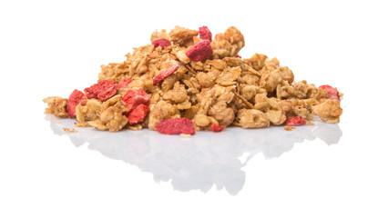 Breakfast cereal with dried raspberry fruit pieces over white background