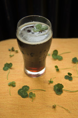 Glass dark beer with clover