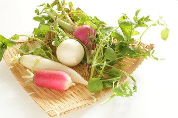 japanese new year food, seven herbal on bamboo basket