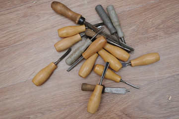 Old and well used wood working chisels