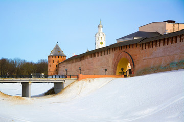 Novgorod Kremlin in winter, fortress of Great Novgorod. UNESCO world heritage site.  Novgorod citadel. Veliky Novgorod - ancient and famous Russian cities. Rurik and origin of the Russian statehood. 