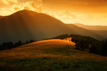 Foto auf Acrylglas Sonnenstrahlen über den nebligen Hügeln © SergeyIT