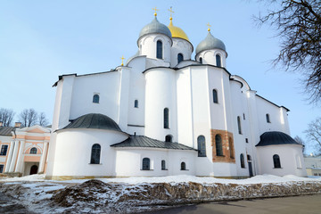 Saint Sophia Cathedral in the Novgorod Kremlin in winter. Fortress of Great Novgorod. UNESCO world heritage site. Novgorod citadel. Veliky Novgorod - ancient and famous Russian cities. 
