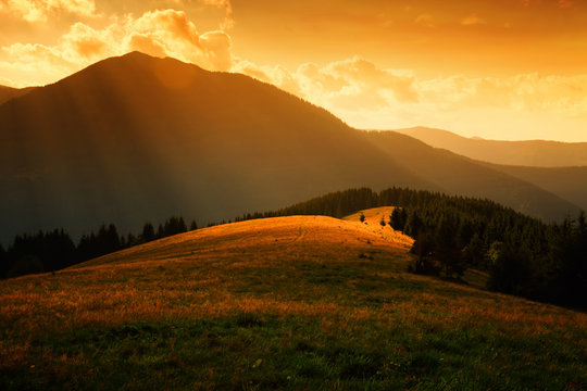 Sun Rays Over The Misty Hills