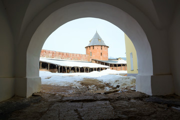 Arch passages in the walls of the Novgorod Kremlin, fortress of Great Novgorod in winter. UNESCO world heritage site. Novgorod citadel. Veliky Novgorod - ancient and famous Russian cities. 