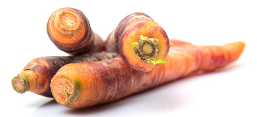 Purple orange carrot variety over white background