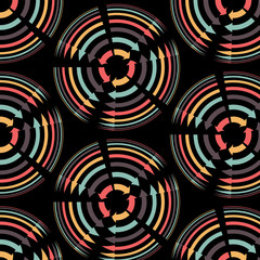 Abstract vector seamless pattern with colorful rounded arrows on black background 