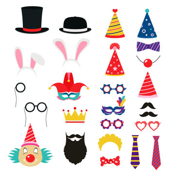 Festive birthday party elements of props. Hats, glasses, masks, mustaches, elements for a suit.