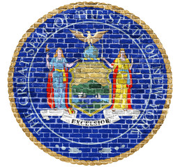 New York Seal US flag painted on old vintage brick wall