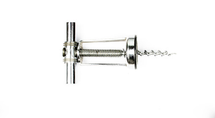 Corkscrew isolated on white background / corkscrew on white wooden table background / Wine stains...