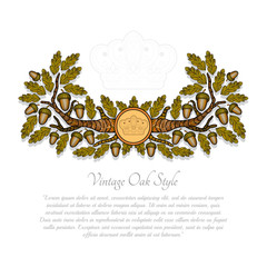 Abstract banner from oak branch leaves and acorn on white. Cartoon style background © Bohdan Petrushko