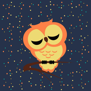 Vector sleeping owl sitting on a branch the backdrop dots circle