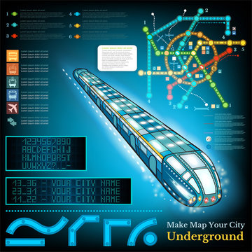 Underground infographic with sample lines of metro and map. Sample station display letters numbers