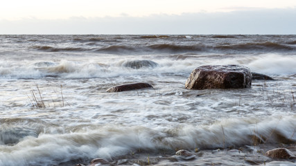 Storm large wave on the shore of the Baltic sea