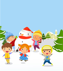 Fototapeta premium vector illustration of kids making Snowman for Christmas