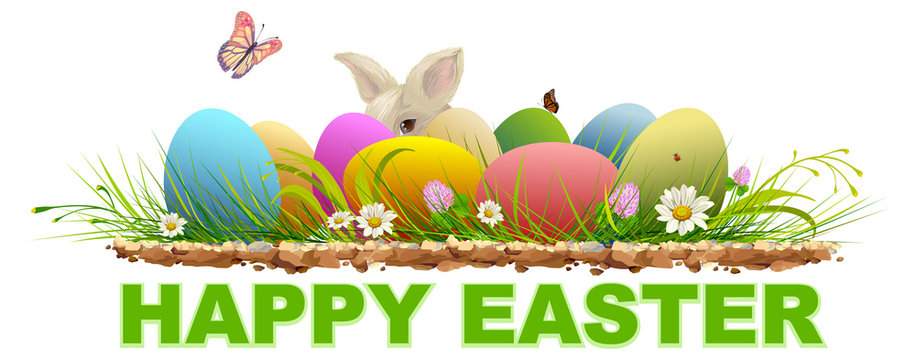 Happy easter. Painted eggs and rabbit on green grass. Template text for greeting card