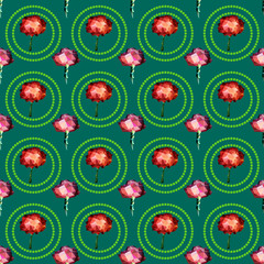 Abstract seamless floral pattern with roses and circles