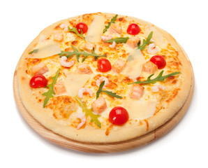 Pizza with seafood. High angle view