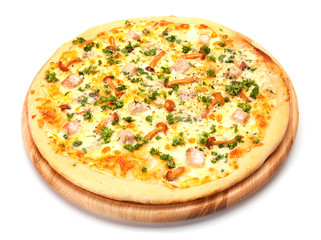 Pizza with chicken and mushrooms. High angle view