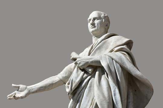 Cicero, the greatest orator of Ancient Rome. Marble statue in front of Palace of Justice in Rome (with grey background)