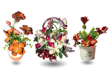 Vase plastic flowers  and flowers basket isolated on white backg