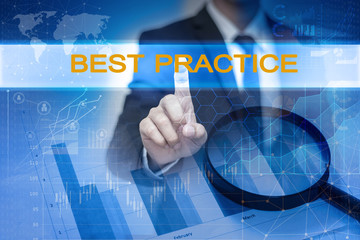 Businessman hand touching BEST PRACTICE button on virtual screen