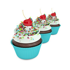 3d sweet cupcakes with sprinkles isolated on white
