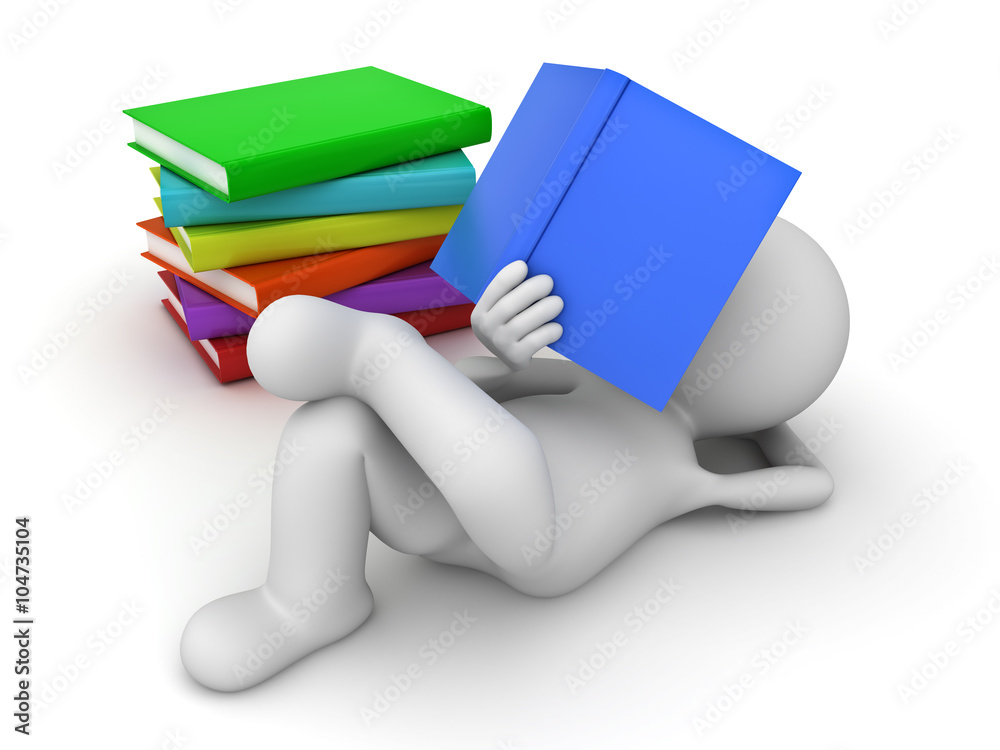 Poster 3d man lying down and reading a pile of books over white background
